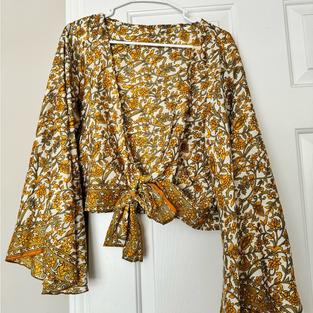 Boho one size silk top with front or back knot